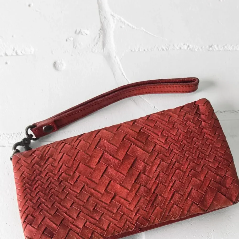 Vilenca Holland Wallet Red Leather Woven Soft Pocket Slots Basketweave Organizer